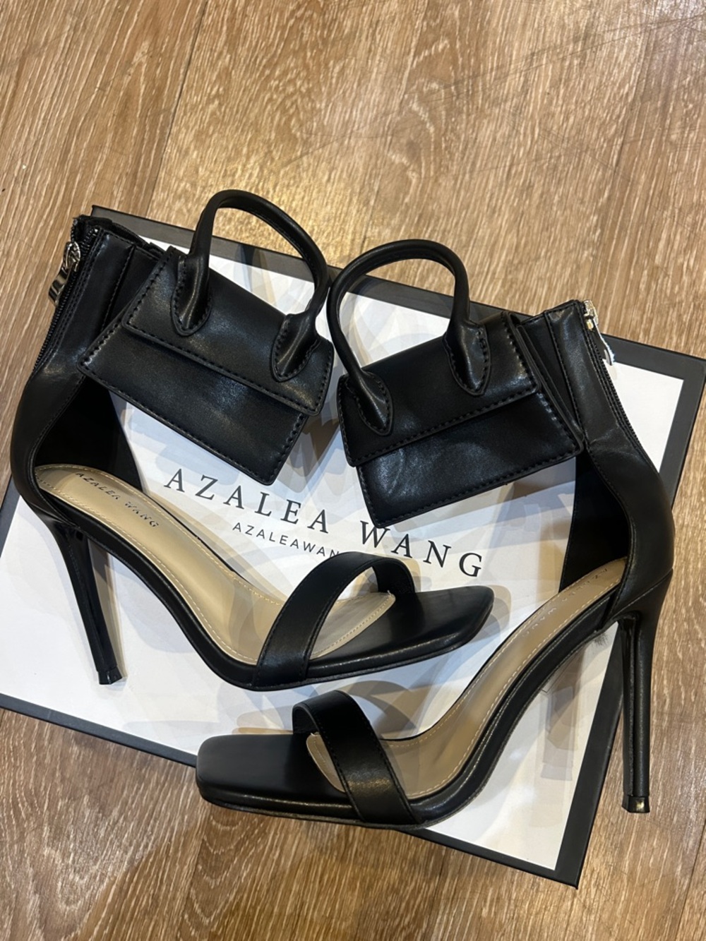 Azalea Wang Black Leather Stiletto Sandals with Mini Tote Accent